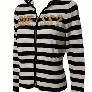 Guess Black and White Striped Hoodie with Gold Accents